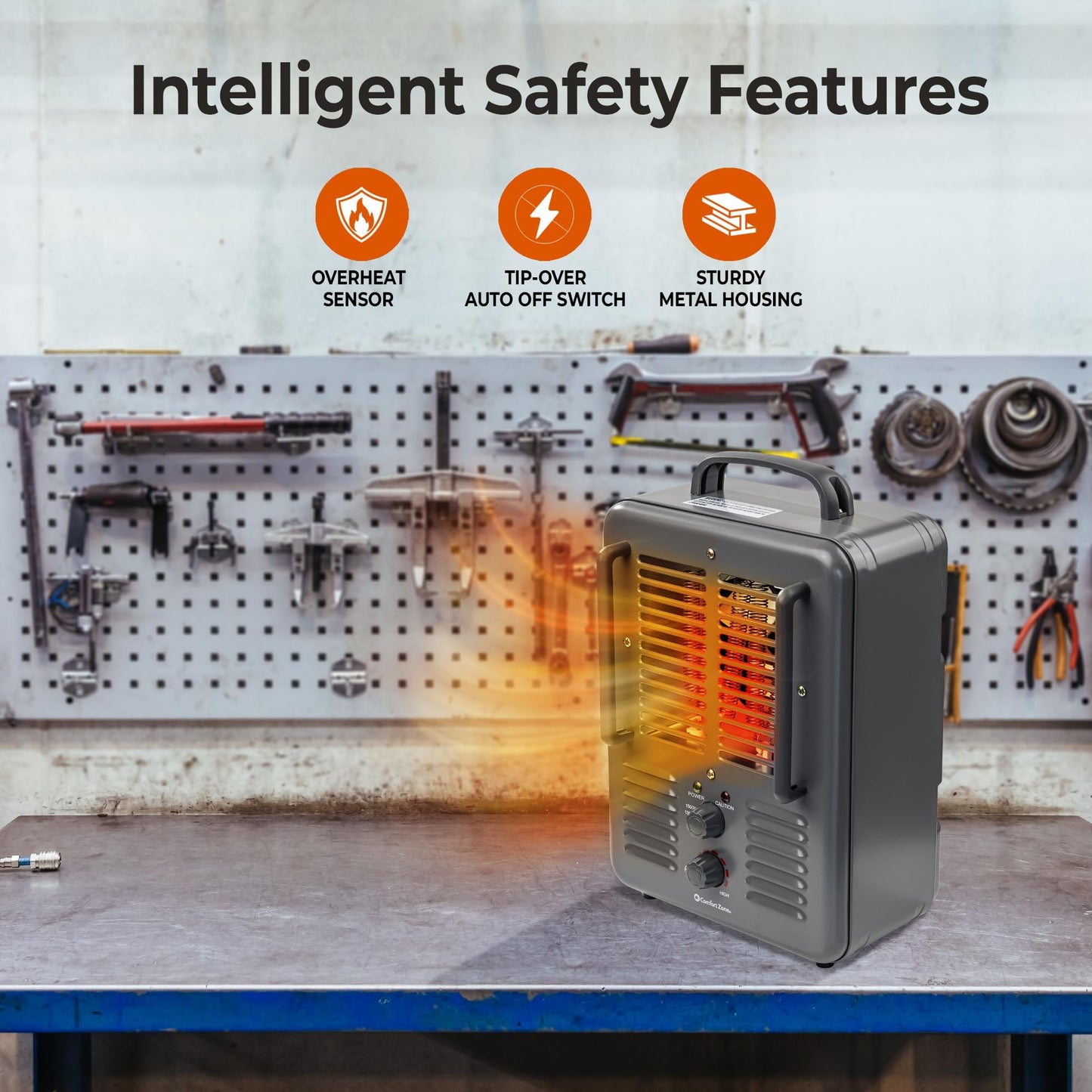 Comfort Zone Milkhouse Style Utility Space Heater with Adjustable Thermostat, Electric, Portable, 3-Prong Plug, Overheat Protection, & Tip-Over Switch, Ideal for Garage or Workshop, 1,500W, CZ798GR3