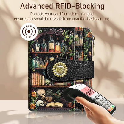 Kelvoris Bookshelves Skull Goth Gothic Small Rfid Women Wallet Bifold Zipper Coin Pocket PU Leather Compact Cash Credit Card Holder Travel Wallet Female Ladies Teen Girls 1 ID Window 10 Card Slots