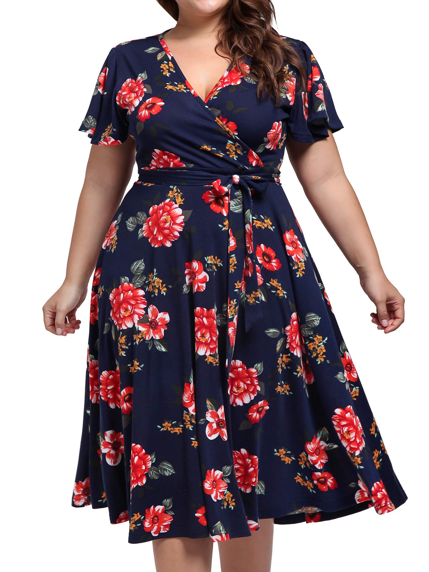 kissmay Plus Size Cocktail Dresses, Plus Size Fit and Flare Dresses for Women Slim Fitting Elasticity Clothing Ruched Flows Sweet Dress for Casual Short-Sleeve 1950s Lavender Dress Navy Red 20W