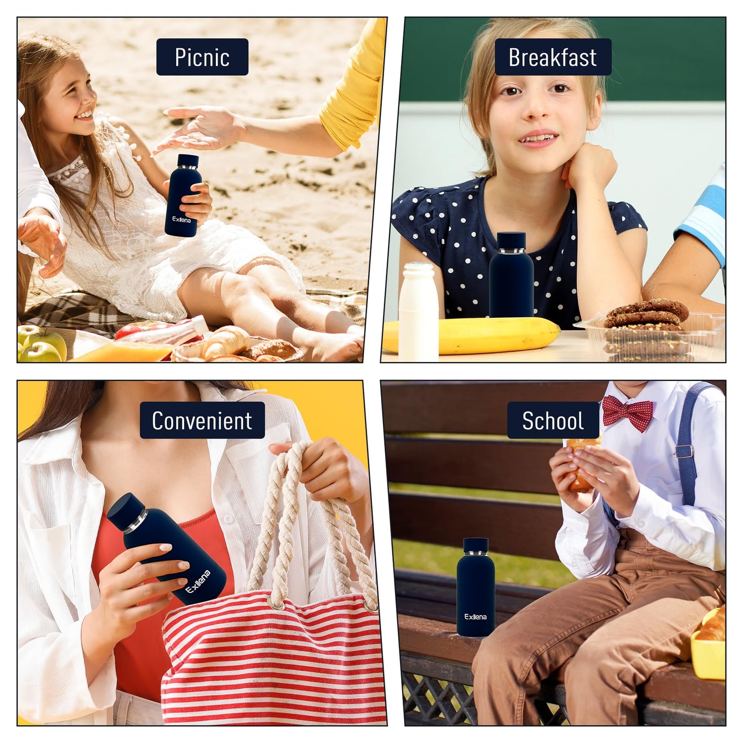 Exllena Small Water Bottle 12oz with Clip, Double Wall Stainless Steel Vacuum Small Insulated Water Bottle Keeps Drinks Cold 24 Hrs/Hot 12 Hrs for Kids Handbag School BPA Free (Navy Blue)