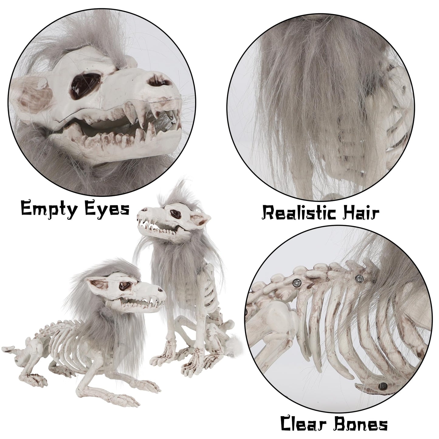 DR.DUDU 2 Pack Halloween Skeleton Wolf Decorations, Life Size Animals Skeletons Poseable Halloween Decor Plastic Bones with Hair Wolf Skull Figurines for Table Yard Lawn Party Props Décor