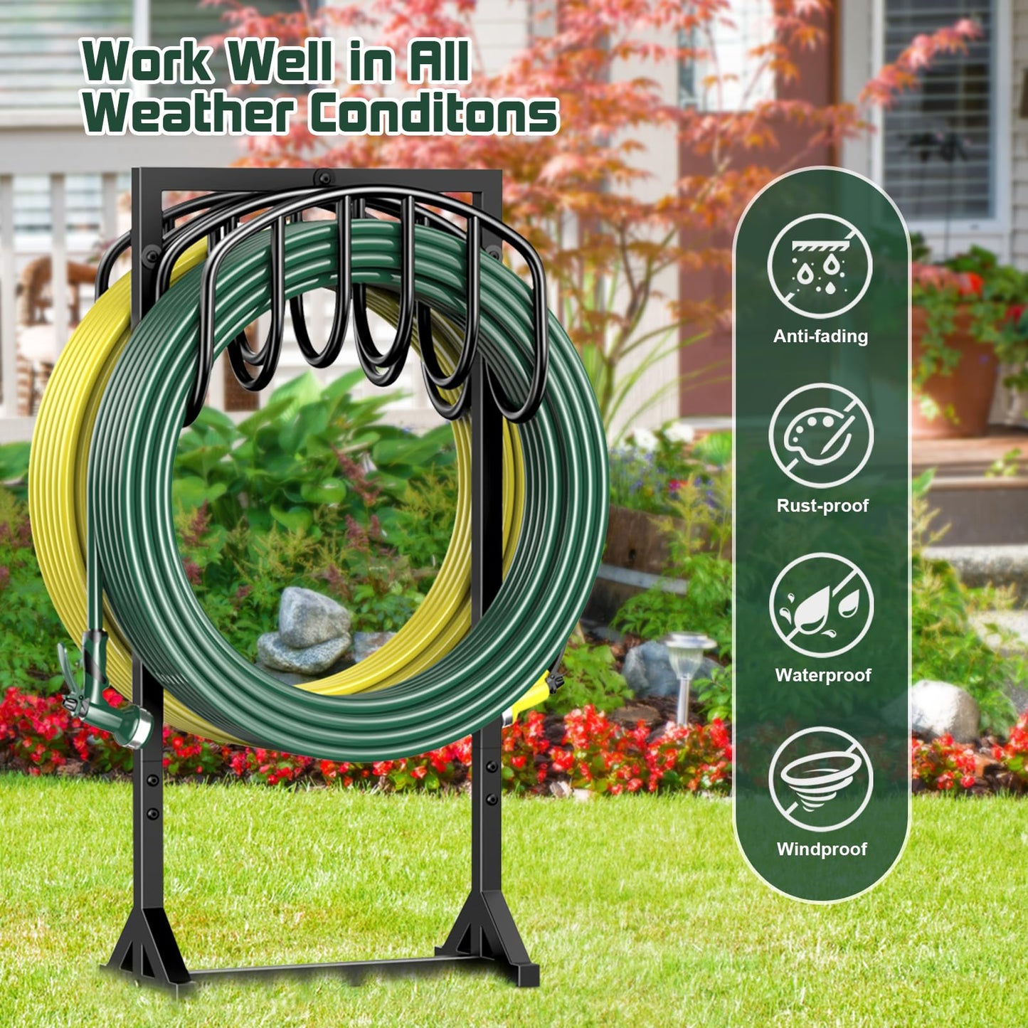 Garden Hose Holder Freestanding, Water Hose Holders for Outside with 4 Spikes, Hose Reels Double-Sided Heavy Duty Metal Hose Stand Holds 150ft Hose, Garden Hose Storage Rack for Outside Yard Lawn