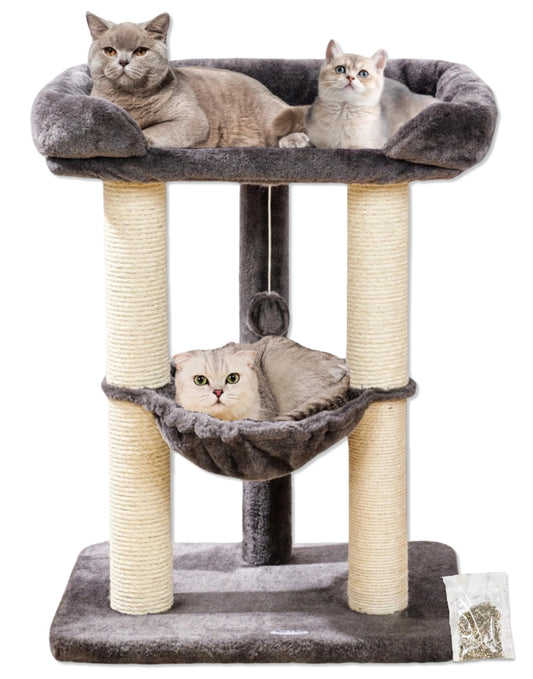 Happi N Pets 28" Cat Tree Tower for Indoor Cats, Tall Cat Scratching Post with Large Bed for Maine Coon Big Cats, Sisal Cat Scratcher with Soft Perch & Hammock, Stable Cat Stand, Removable Cover-Gray