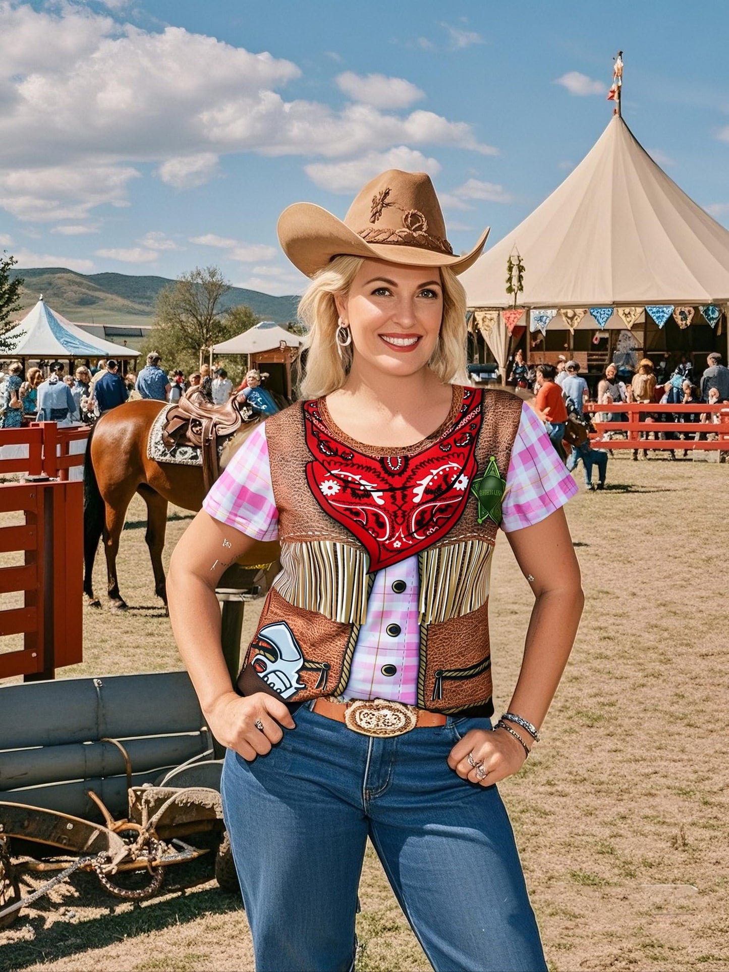 Funny World Women's Cowgirl Costume T-Shirts, XX-Large, Western Pink