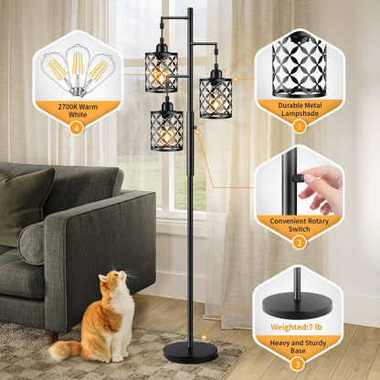 GHOOCEMLUX 68" Dimmable Floor Lamp, Farmhouse Standing Lamp with Elegant Metal Cage, Industrial Tall Tree Floor Lamps for Living Room, Bedroom, Study Room, Office (2000LM LED Bulbs Included) - Black
