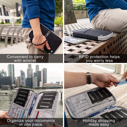 Large Family Passport Holder for 8 | Family Passport Holder for 6 | Multiple Passport Holder Family | Travel Document Organizer w/RFID Blocking,Removable Wrist Strap & Crossbody | Airplane Essentials