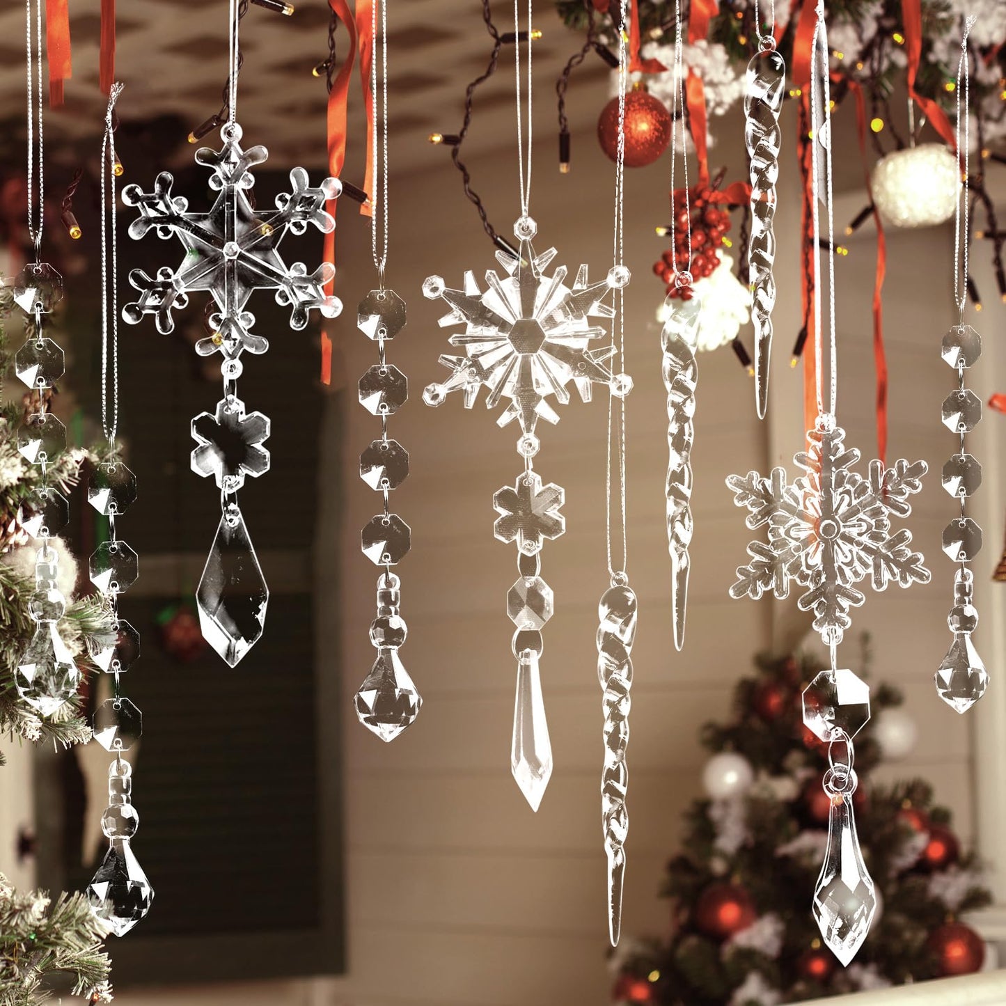 20pcs Christmas Ornaments Set for Tree Decorations- Hanging Acrylic Crystal Snowflake Icicle Drop Decorations for Winter Christmas Tree New Year Party Supplies