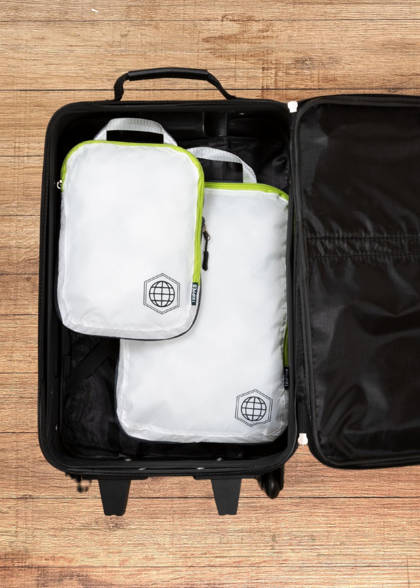 Compression Packing Cubes 2 Piece Set for Travel - Lightweight, Durable Clothes Organizer for Carry-On Luggage and Backpacks by TRIPPED Travel Gear (White and Green)
