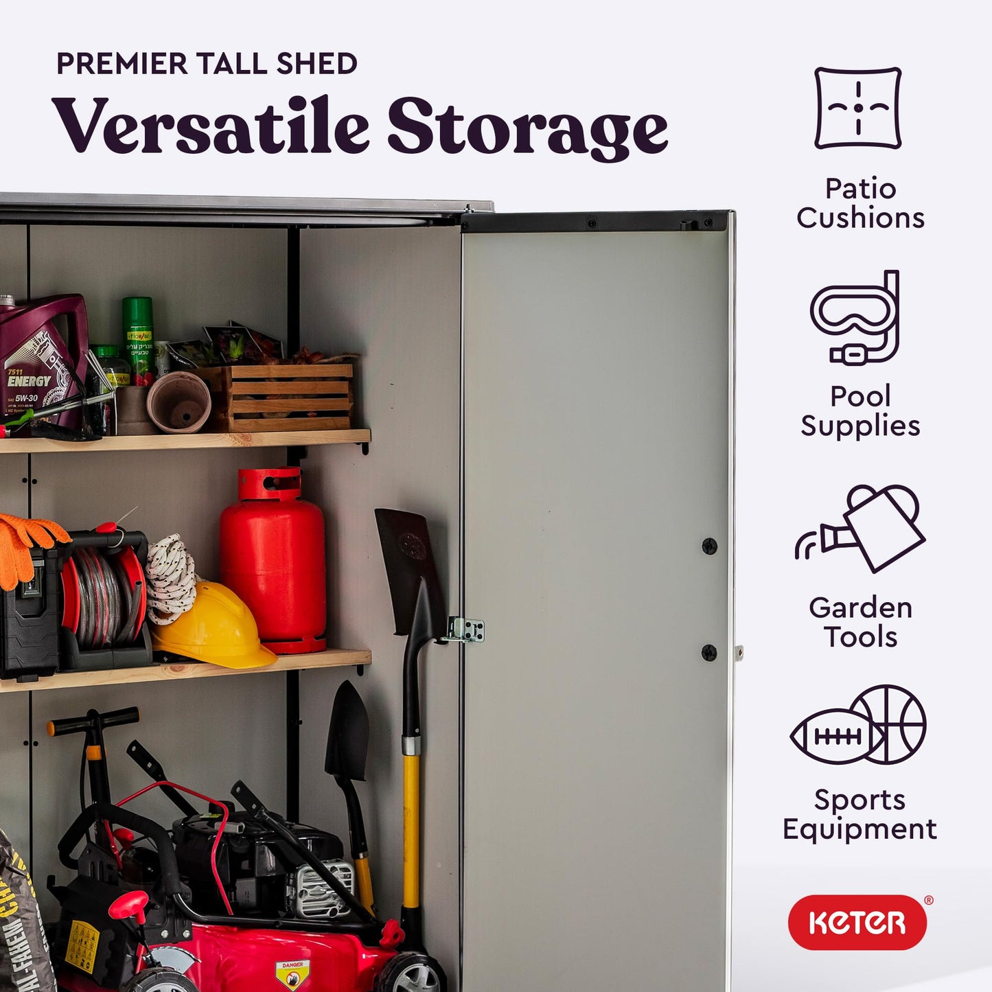 Keter Premier Tall 4.6 x 5.6 ft. Resin Outdoor Storage Shed with Shelving Brackets for Patio Furniture, Pool Accessories, and Bikes, Grey & Black