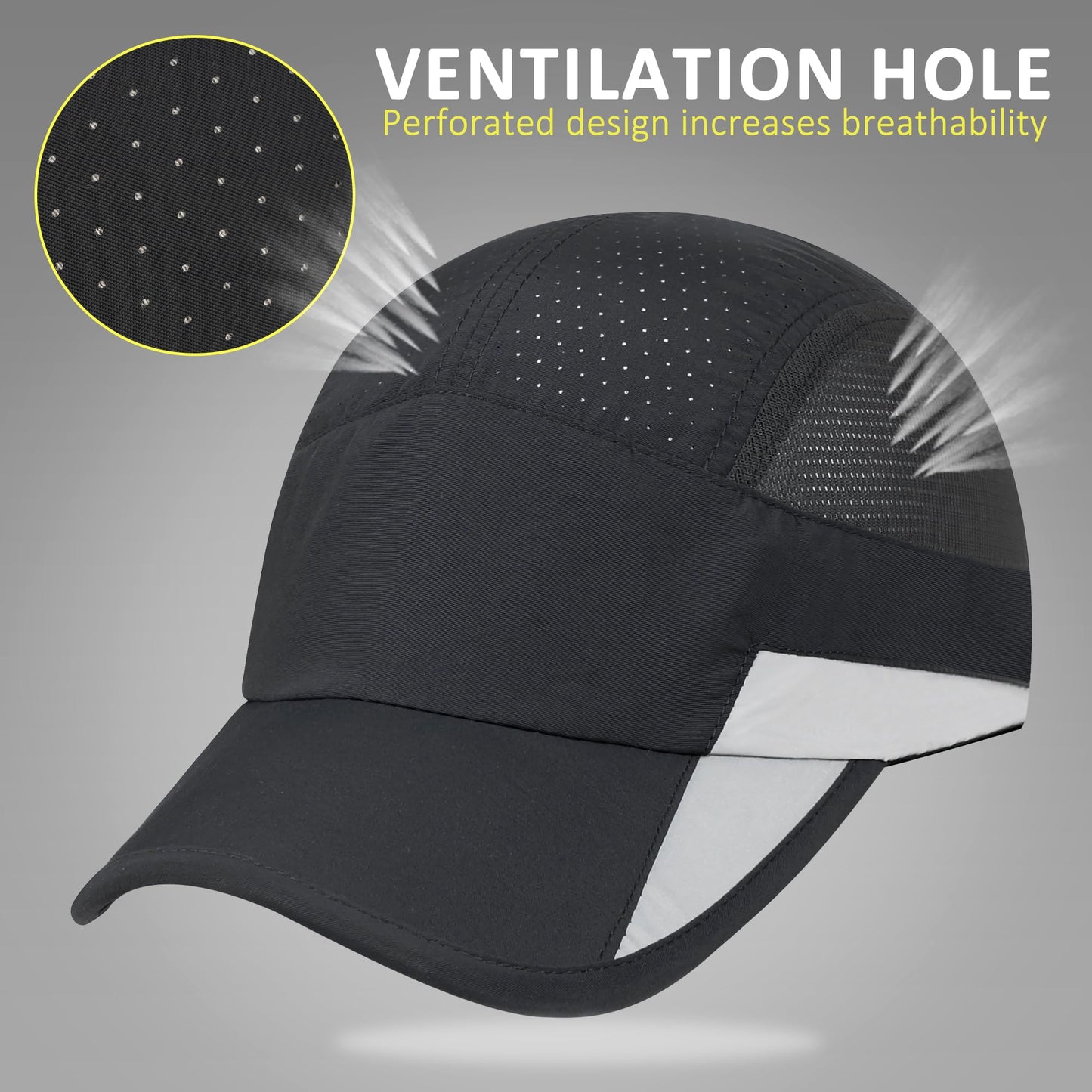 GADIEMKENSD Running Hat, Mens Outdoor Hat Unstructured Baseball Cap UPF 50 UV SPF Exercise Run Caps Reflective Breathable Light Sun Hats Quick Dry Mesh Summer Sports Hat Cap Men Woman Under 10 Black