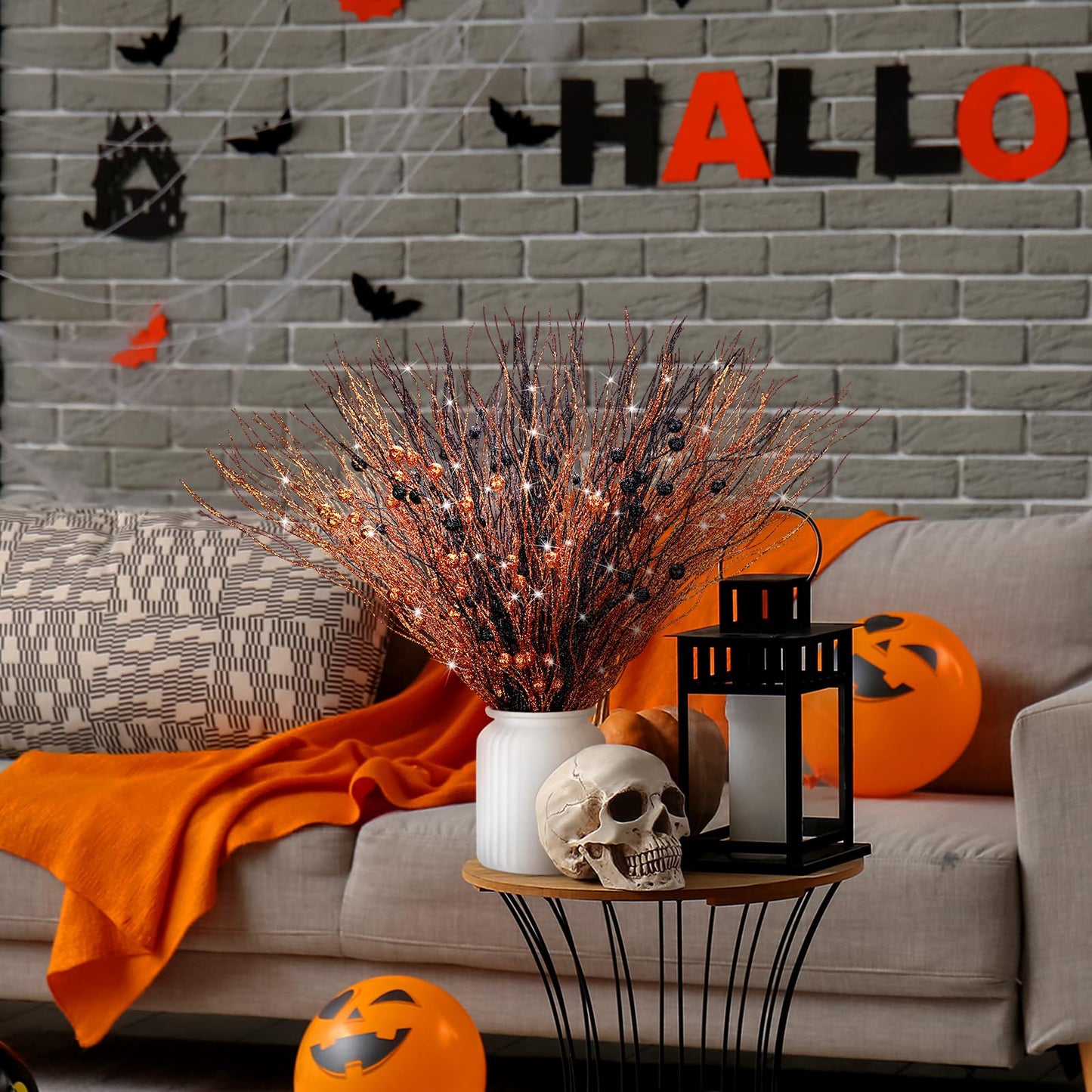 Giegxin 16 Pack Halloween Artificial Glitter Berry Stem, 17 Inches Fall and Thanksgiving Floral Picks Branches for Vase Centerpieces Labor Day Decor Holiday Ornaments(Black, Orange)