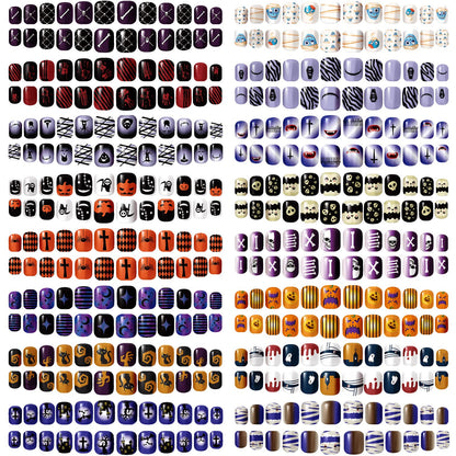 384 Pcs 16 Pack Halloween Press on Nails Halloween Short Fake Square False Nails Plastic Artificial Nail Tips Full Cover Coffin with Ghost Pumpkin Spider Pattern for Women(Fresh Pattern)