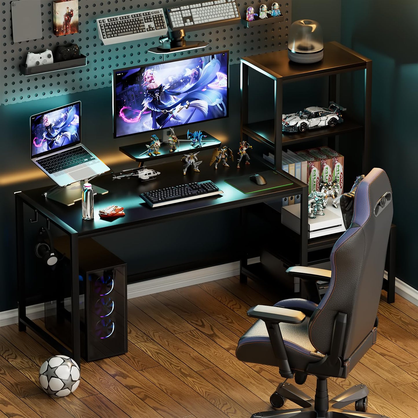 GreenForest Computer Desk 58 inch with Printer Shelf, Reversible Office Desk with Monitor Stand and 2 Hooks, Home Workstation for Study Writing Working Gaming, Black