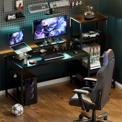 GreenForest Computer Desk 58 inch with Printer Shelf, Reversible Office Desk with Monitor Stand and 2 Hooks, Home Workstation for Study Writing Working Gaming, Black