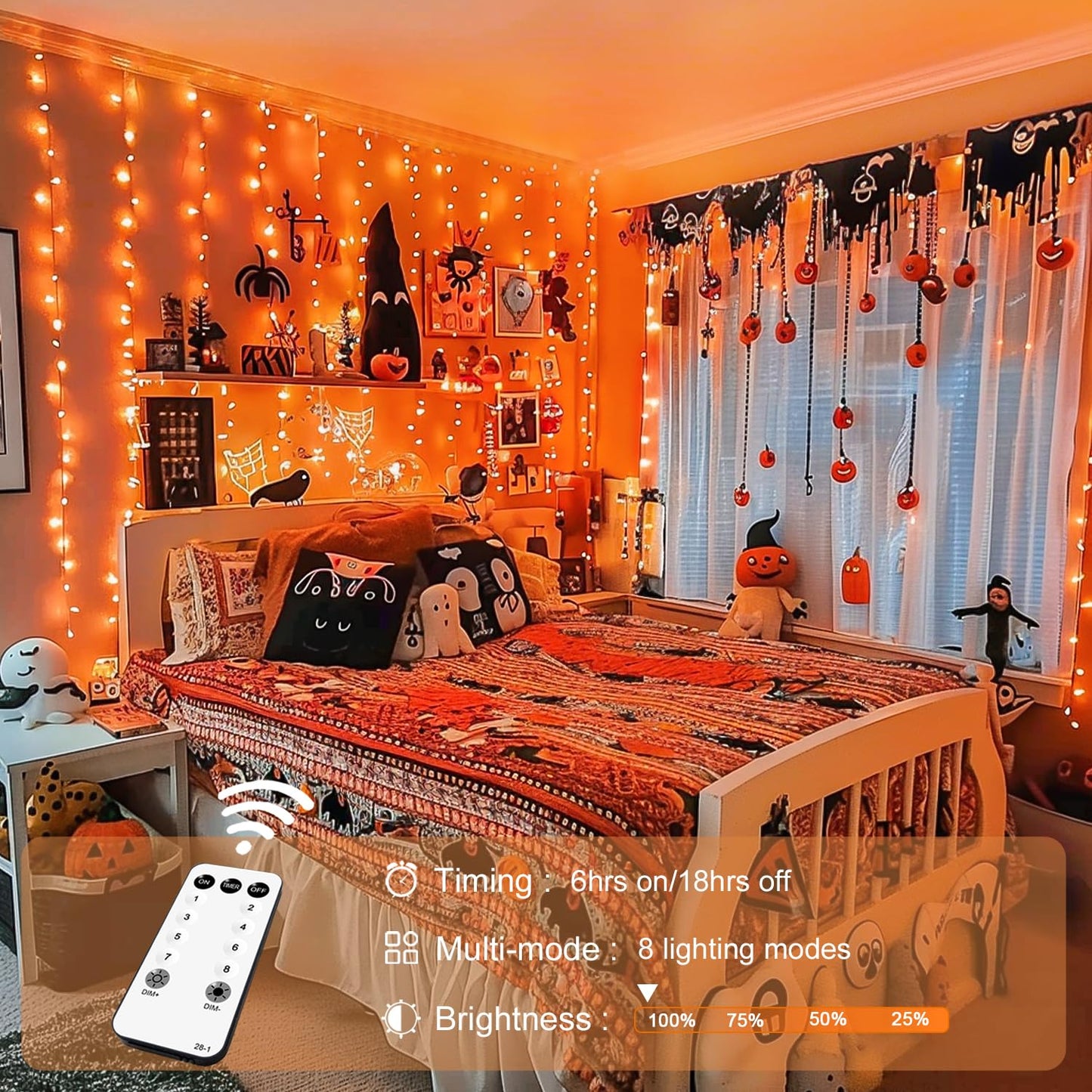JMEXSUSS 300LED Orange Halloween Lights with Remote, 9.8x9.8ft Halloween Curtain Light, 8 Modes Orange Hanging String Lights Plug in for Fall Bedroom Thanksgiving Window Party Indoor Outdoor Decor