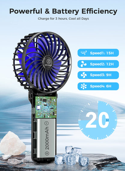 JZCreater 2Pack Mini Handheld Fan,Portable Hand Held Fan, 15H Cooling, Quiet 4 Speed, USB Rechargeable Battery Operated Desk Fan, Small Electric Fan for Travel Outdoor Home Office Makeup, Black 02