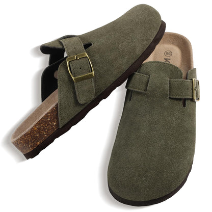 KIDMI Women's Genuine Suede Clogs Cork Footbed Sandals Leather Mules Potato Shoes with Arch Support Army Green 36 (Size 5.5-6)