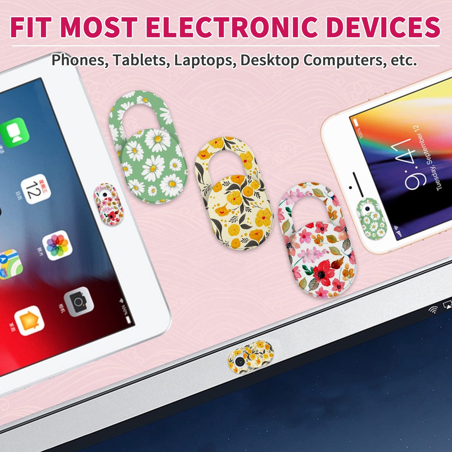 Laptop Camera Cover Slide Cute, Ultra Thin Webcam Cover for iPhone iPad MacBook Pro Computer iMac Cell Phone PC Accessories, Camera Blocker Slider, Great for Privacy - Flowers (3*Flowes)