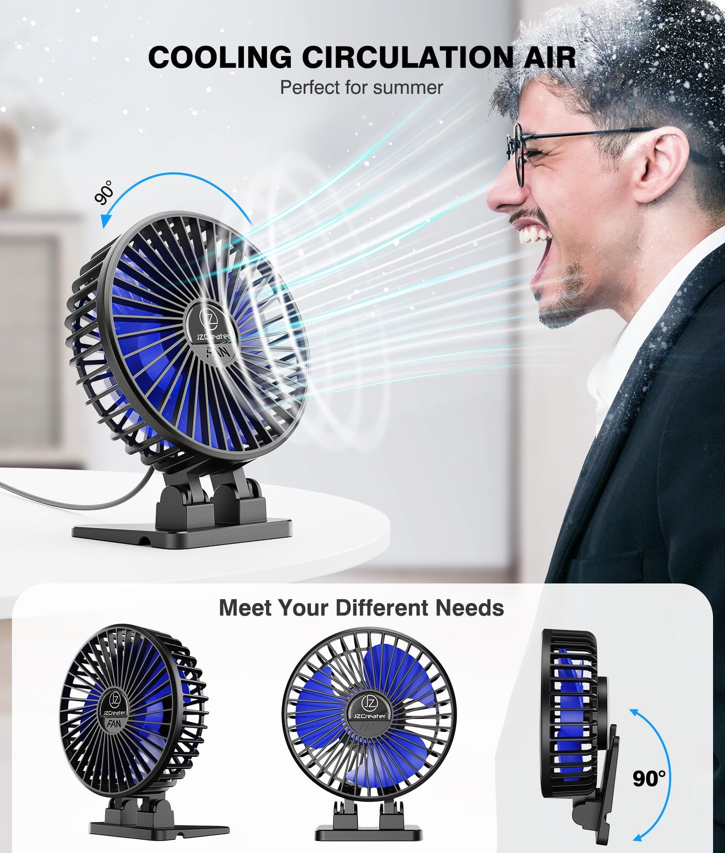 JZCreater USB Desk Fan, Mini Fan Portable, 3 Speeds Desktop Table Cooling Fans, Plug in Power, Rotation Strong Wind, Quiet Personal Small Fan for Home Desktop Office Travel Bedroom, Black (2Pack)