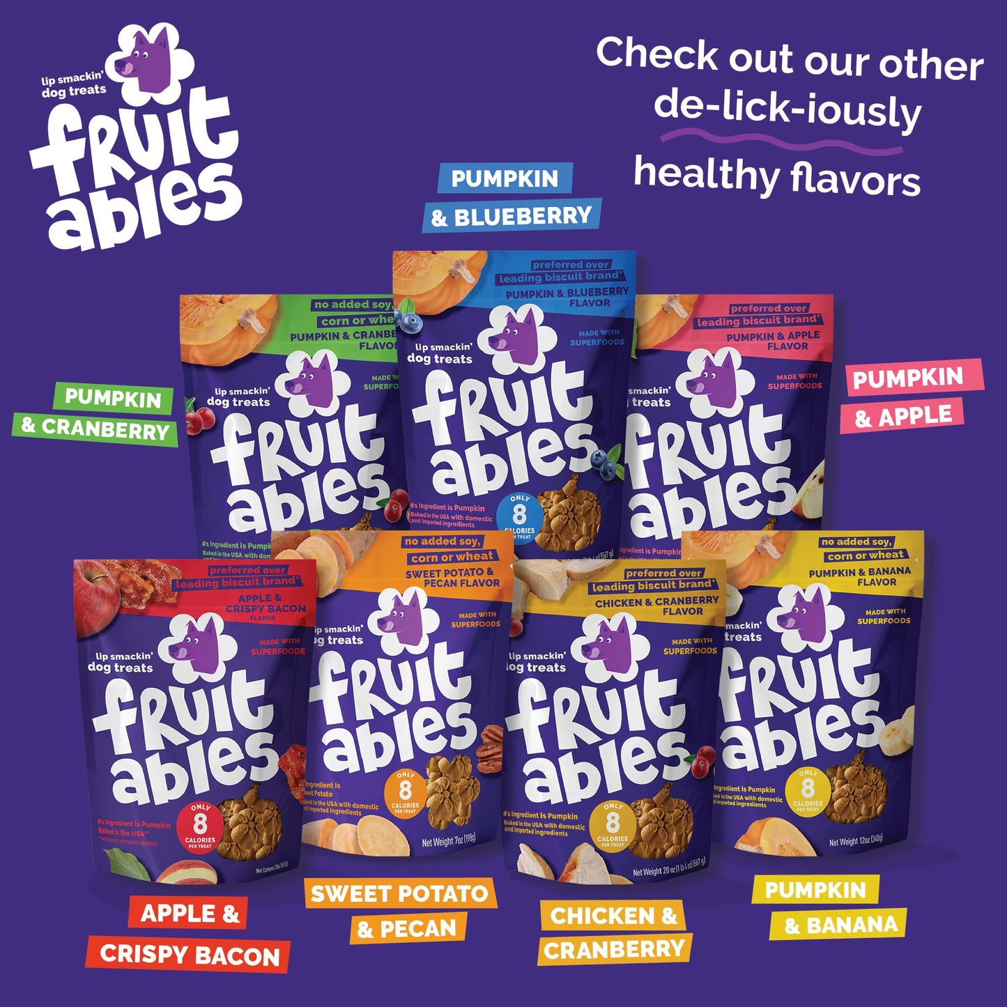 Fruitables Baked Dog Treats - Pumpkin Treats for Dogs - Healthy Low Calorie - Free of Wheat, Corn and Soy - 7 oz (Variety Pack of 4)