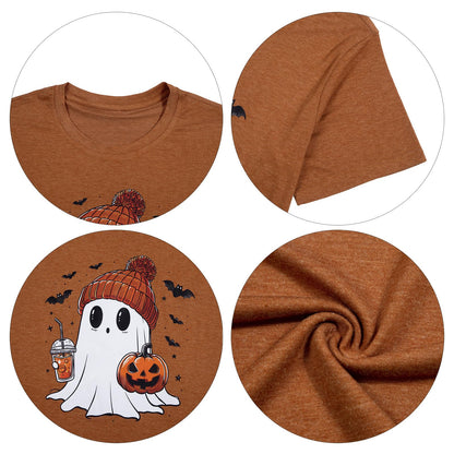 Halloween Shirts for Women Cute Ghost Shirt Fall Pumpkin Tshirt Coffee Lover Graphic Tees Casual Short Sleeve Tops