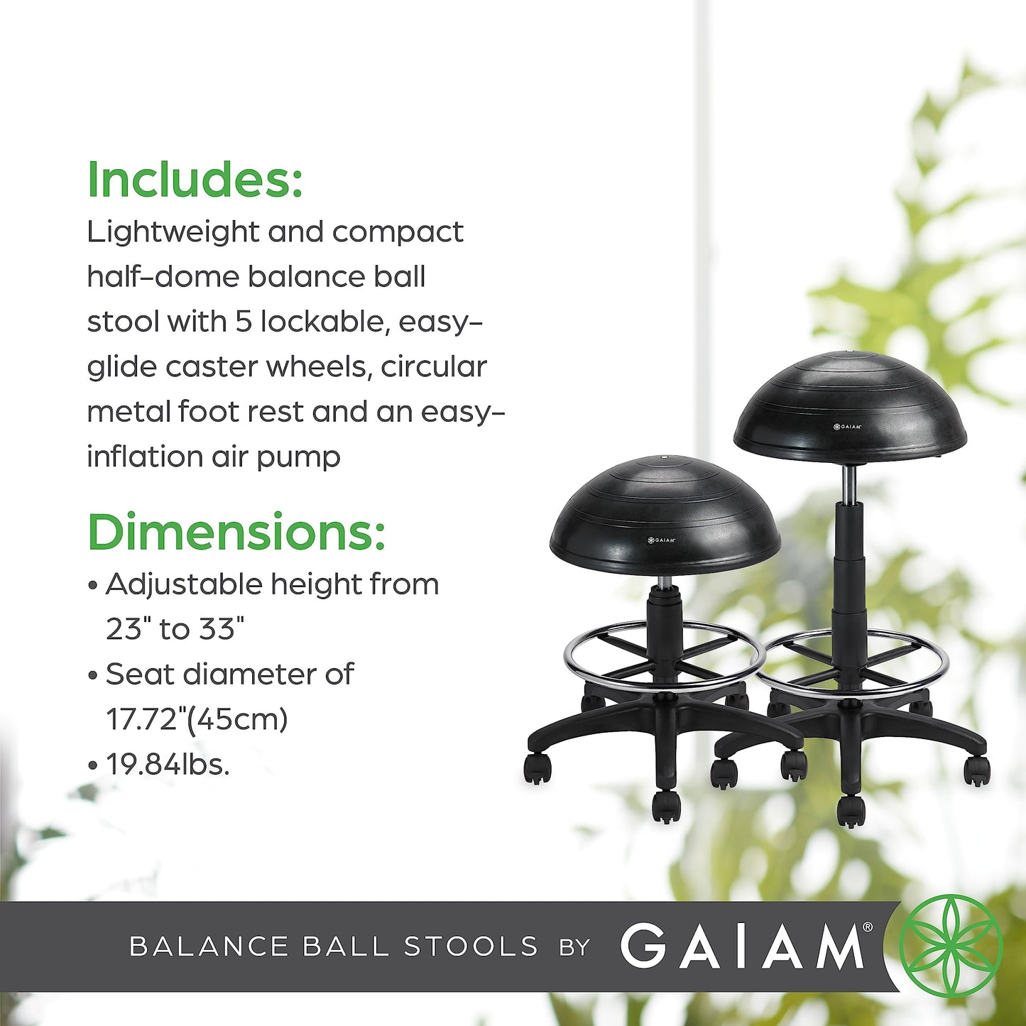 Gaiam Balance Ball Chair Stool, Half-Dome Stability Ball Adjustable Tall Office Sit Stand Swivel Desk Chair Drafting Stool with Round Foot Rest for Standing Desks Home or Office - Black 33