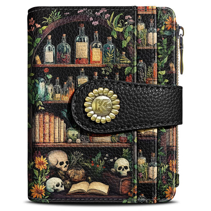 Kelvoris Bookshelves Skull Goth Gothic Small Rfid Women Wallet Bifold Zipper Coin Pocket PU Leather Compact Cash Credit Card Holder Travel Wallet Female Ladies Teen Girls 1 ID Window 10 Card Slots