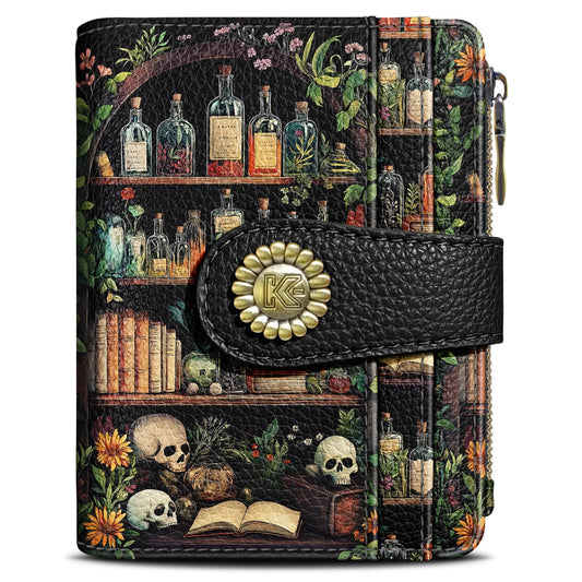Kelvoris Bookshelves Skull Goth Gothic Small Rfid Women Wallet Bifold Zipper Coin Pocket PU Leather Compact Cash Credit Card Holder Travel Wallet Female Ladies Teen Girls 1 ID Window 10 Card Slots