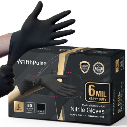 FifthPulse 6 Mil Black Nitrile Gloves Large, Heavy-Duty Disposable Gloves for Mechanics, Food Prep, and Medical Use - Powder-Free, Latex-Free, Extra Thick & Puncture-Resistant Rubber Glove - 50 Count