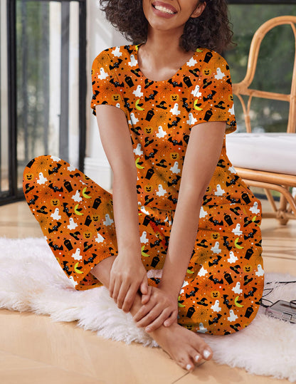 Ekouaer 2 Pack Pajamas for Women Set Short Sleeve Sleepwear Top and Pants Pjs Soft Printed Lounge Sets with Pockets Skull/Halloween Large