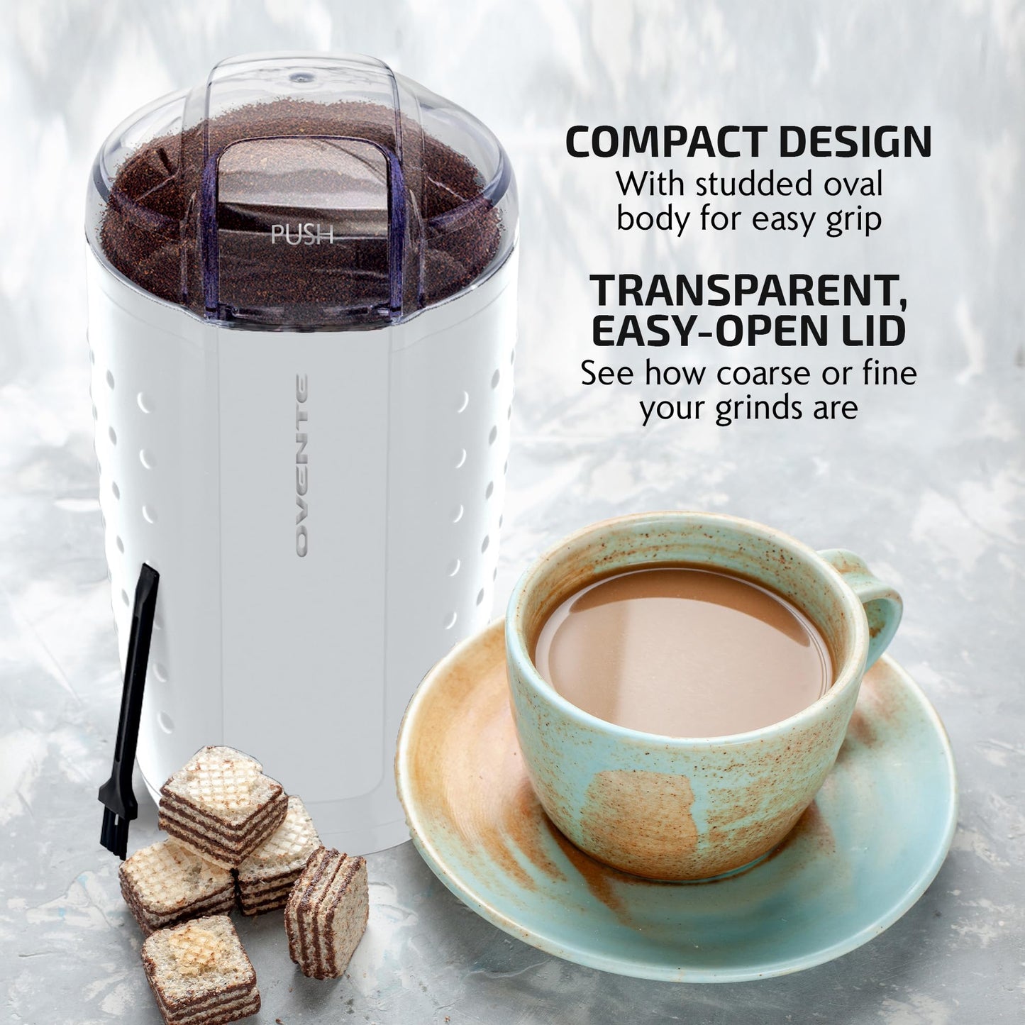 OVENTE Electric Coffee Grinder for Beans, Spices and More, 2.5Oz Compact Grinding Mill, Spice Grinder with Stainless Steel Blade, Pulse Button Operation and Transparent Easy to Open Lid, Black CG225B