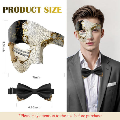 IncreDecor Masquerade Mask for Men Phantom of The Opera Half Face Mask with Bowtie, Venetian Masks for Halloween Party (Black)