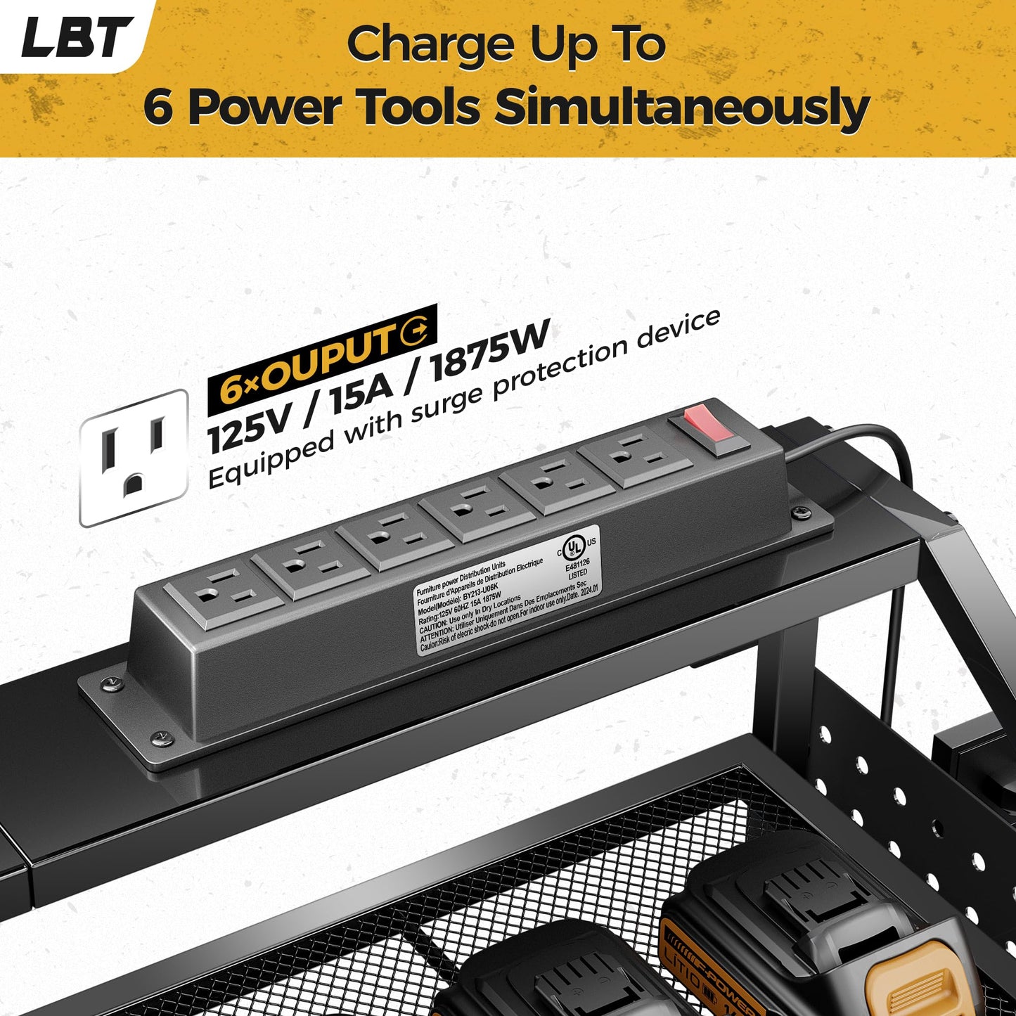 LBT 4 Layer Power Tool Organizer Wall Mount With Charging Station, Patented, 6 Outlet Power Strip, 6 Drill Holder, Heavy Duty Metal Garage Tool Storage Rack, Gifts For Men Fathers Day