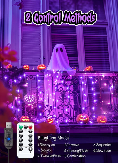Halloween USB Fairy Lights Plug in, 33Ft 100 LED Twinkle String Lights with Remote and Timer, Waterproof 8 Modes for Bedroom Home Party Ghost Haunted House Indoor Outdoor Decorations, Purple