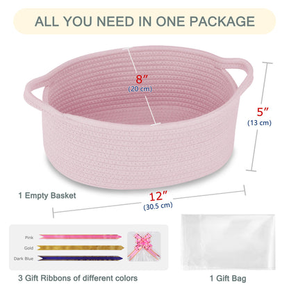 COMSE Small Woven Basket with Gift Bags and Ribbons, Gift Basket Empty, Cotton Rope Storage Organizer, Baby Toy Box with Handles, 12" x 8" x 5", Light pink