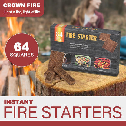 Fire Starter Cubes 64 Pcs - Fire Starters for Fireplace Indoor Outdoor Fire Pit, Chimney, BBQ Grill, Camping Fire, Wood Stove - Water Resistant and Safe Odorless Charcoal Starter - Camping Accessories