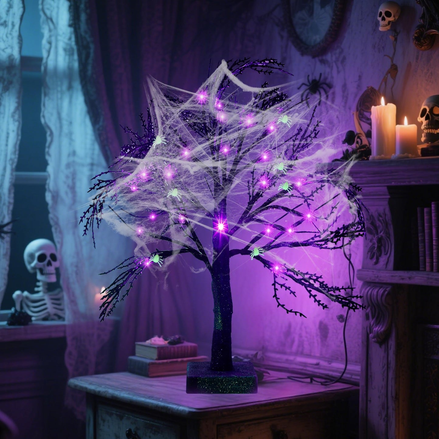 Happy Trees 2 Pcs Halloween Black Spooky Tree with 24 LED Purple Lights, Spider Web and 10 Noctilucent Spiders,18" Artificial Tree Decoration with Timer for Indoor Tabletop Holiday Party