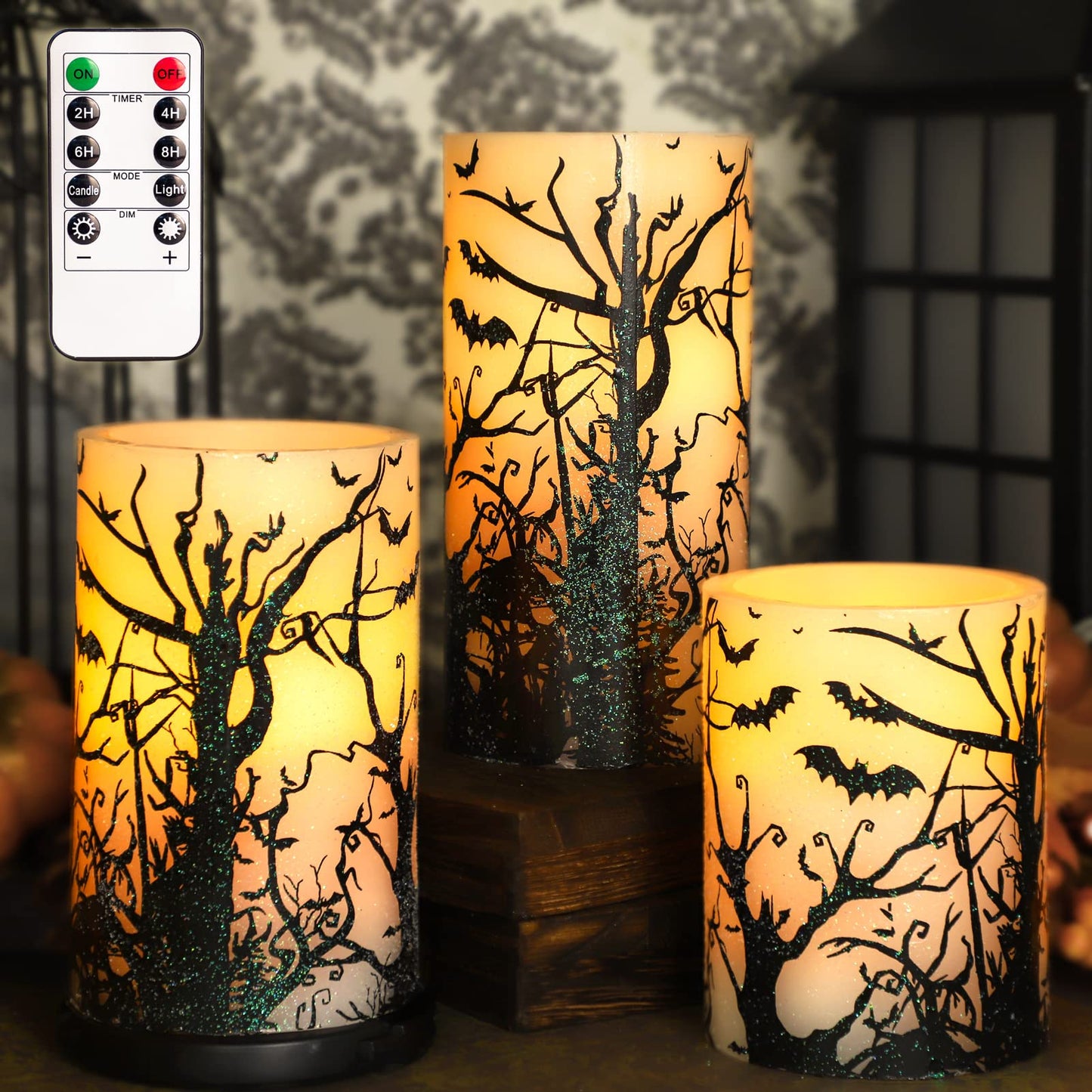 FLAVCHARM Halloween Decor Flameless Candles Set of 3 Black Spooky Bats Decal Flickering Candles Battery Operated with Remote Real Wax LED Pillar Candles for Halloween Party Horrible Theme Decor