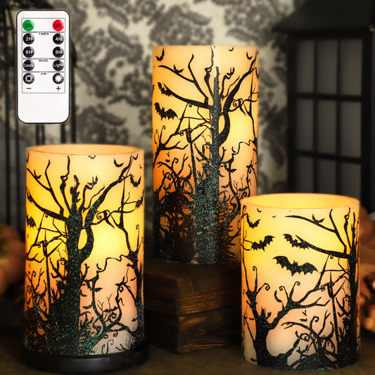 FLAVCHARM Halloween Decor Flameless Candles Set of 3 Black Spooky Bats Decal Flickering Candles Battery Operated with Remote Real Wax LED Pillar Candles for Halloween Party Horrible Theme Decor