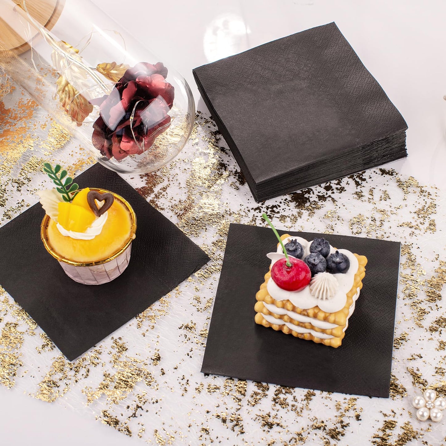 FLOWERCAT 100-Count 2-Ply Black Cocktail Napkins - Black Beverage Napkins Disposable Premium Quality - 5“ x 5" and unfold 10" x 10" Paper Napkins for Bar,Weddings,Birthday,Halloween