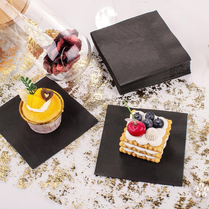 FLOWERCAT 100-Count 2-Ply Black Cocktail Napkins - Black Beverage Napkins Disposable Premium Quality - 5“ x 5" and unfold 10" x 10" Paper Napkins for Bar,Weddings,Birthday,Halloween