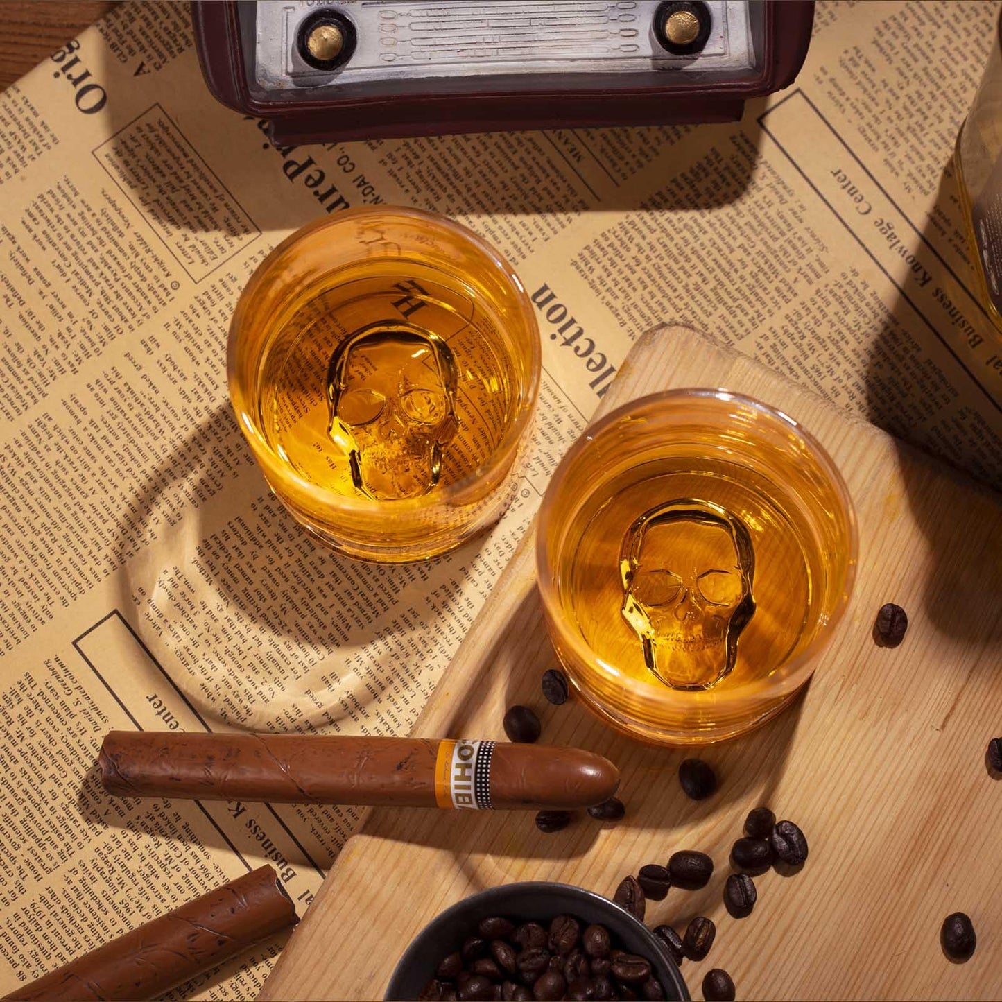 Hand Blown Crystal Skull Whiskey Glasses, Set of 2 Bourbon Glasses In Gift Box - 10 Oz Old Fashioned Glasses for Scotch, Cocktail, Rum - Perfect Gifts for Halloween, Christmas, Thanksgiving for Men