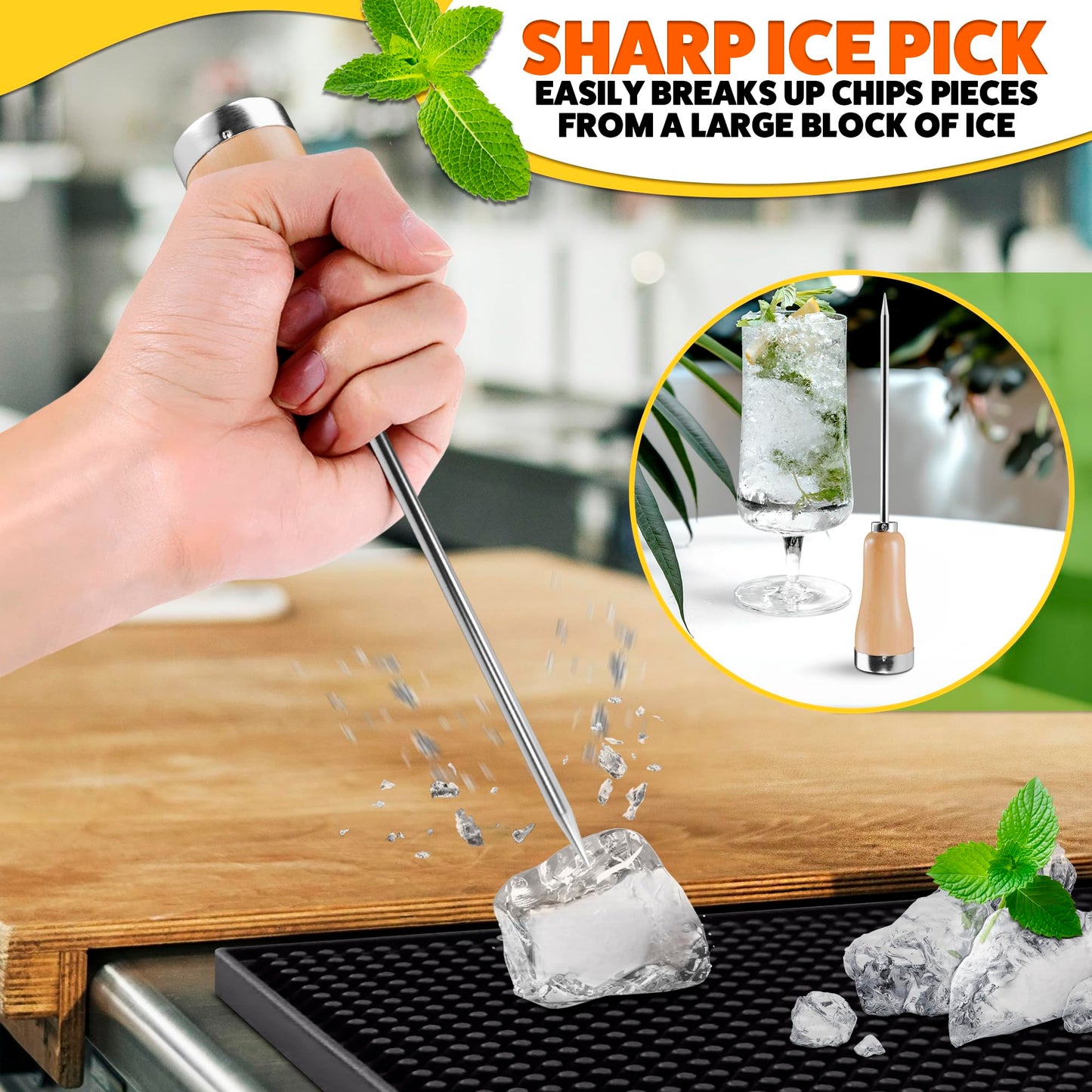 Ice Pick Tool with Stainless Steel Needle & Wooden Handle – Ice Picks for Breaking Ice In Freezer with Ergonomic Handle for Secure Grip – Designs for Kitchens, Bars & Camping Easy Breaking