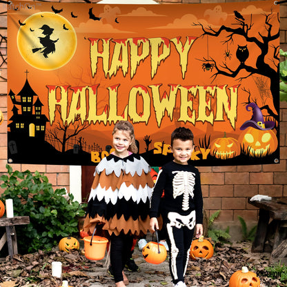 KatchOn Spooky Happy Halloween Banner - XtraLarge, 72x44 Inch | Orange Halloween Photo Backdrop for Decorations & Photography