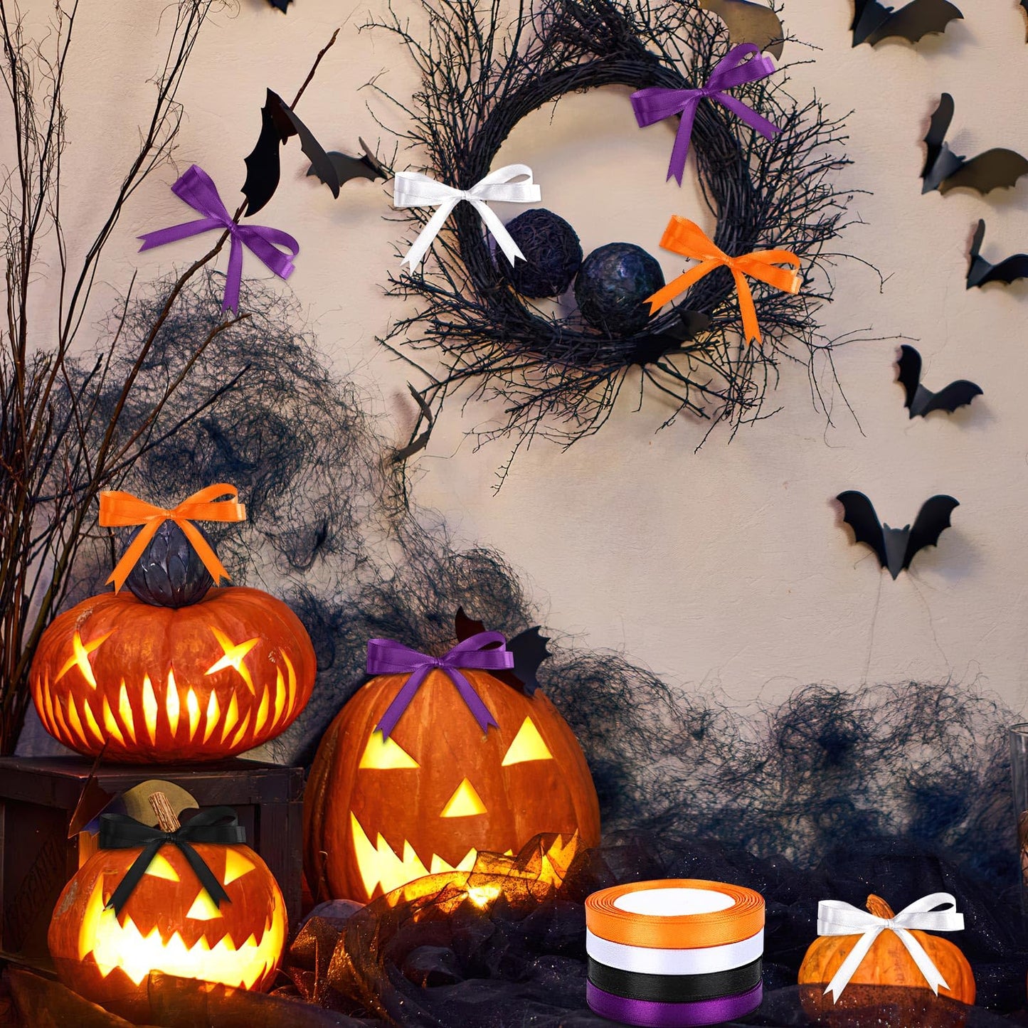 DECYOOL Halloween Ribbons, 4 Rolls 100 Yards Halloween Satin Ribbons 10mm Wide Holiday Gift Wrapping Ribbon for DIY Bows Party Decoration (Orange, Black, Purple, White)