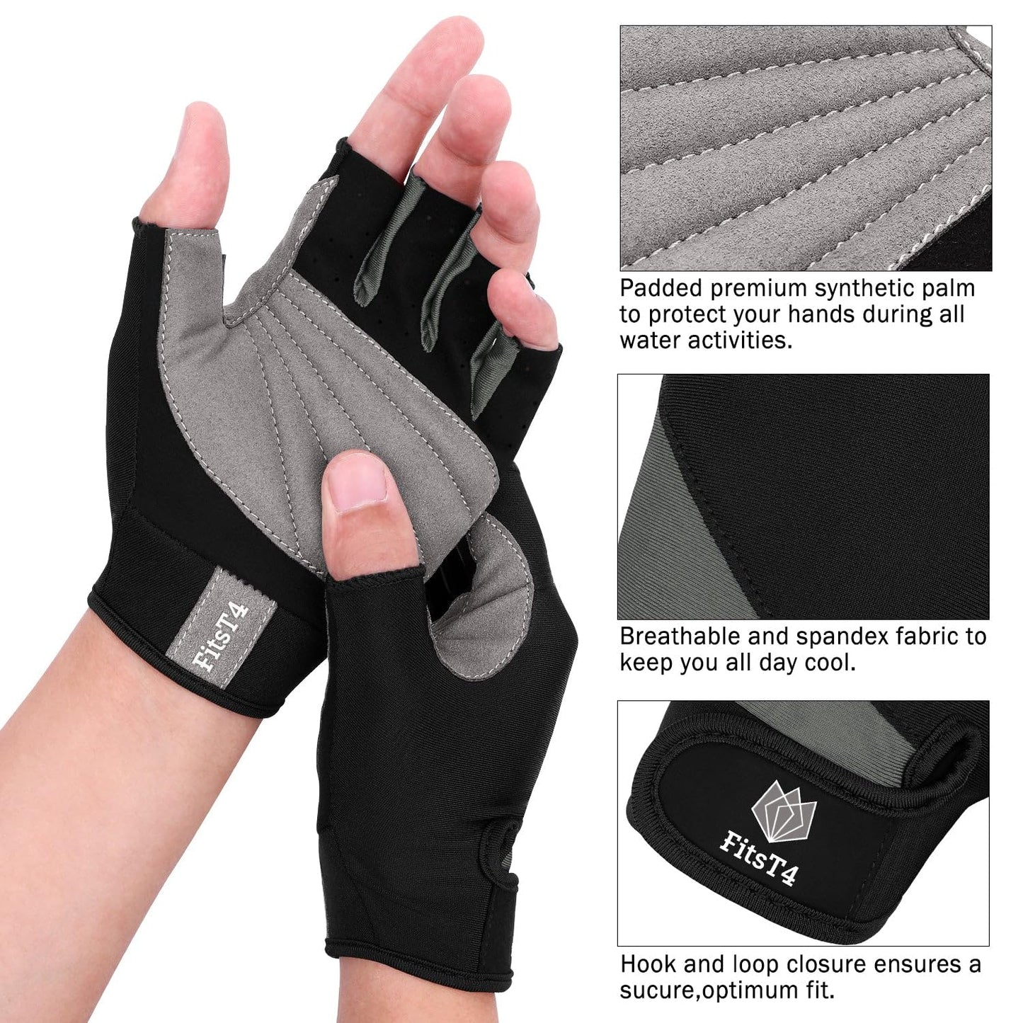 FitsT4 Sports Half Finger Padded Palm Gloves for Diving, Sailing, Jet Skiing, Stand-UP Boarding, Kayaking and Water Skiing, Suitable for Men&Women&Youth Gray M