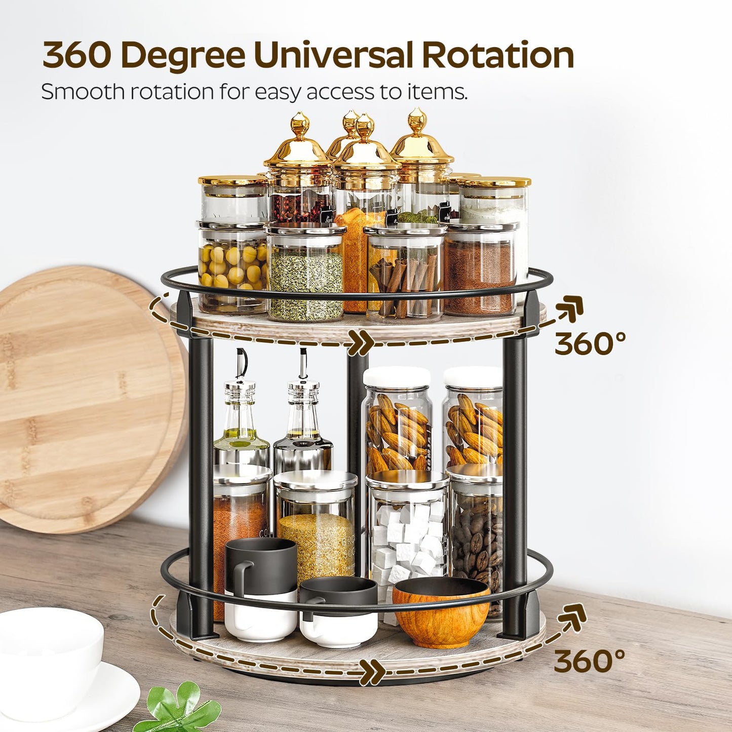 3-Tier Lazy Susan Organizer, Rotating Spice Rack, Spinning Organizer, Industrial Turntable Spice Rack Organizer for Cabinet, Kitchen Countertop, Pantry, Rustic Brown and Black SR23BR