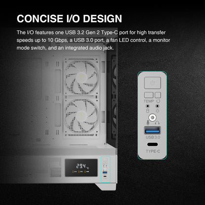 GAMDIAS White Mid Tower Gaming Computer Case w/Display& App, ATX Tempered Glass PC Case, Built-in 3x120mm ARGB PWM Fans, Up to RTX GPU/VGA 410mm & 360mm AIO/Radiator & 6x120mm Fans & 160mm CPU Cooler