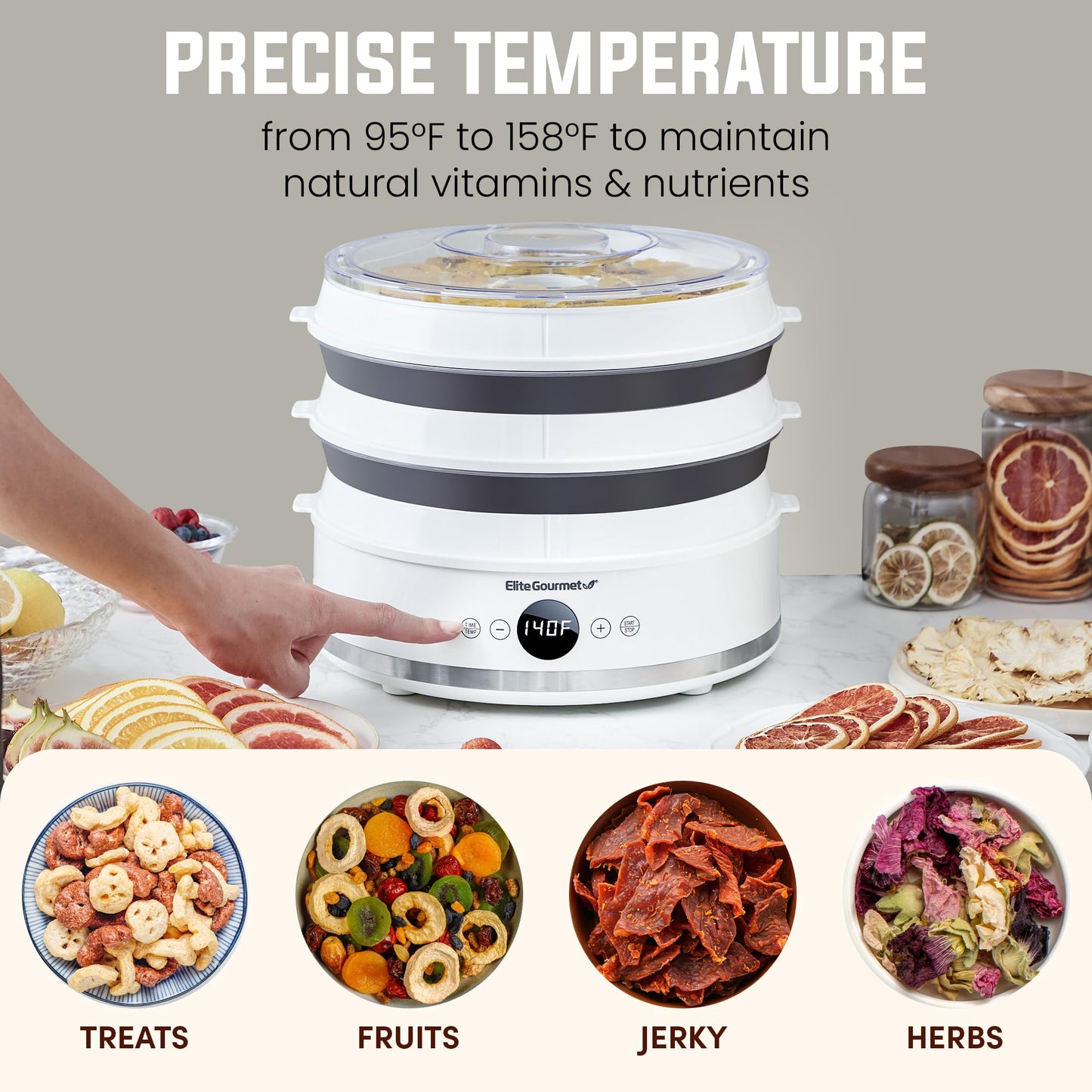 Elite Gourmet EFD329WD Digital Food Dehydrator with 5 BPA Free SlimStore™ Collapsible Trays for Compact Storage, Adjustable Timer and Temperature Controls, Jerky, Herbs, Fruit, Veggies, Snacks, White