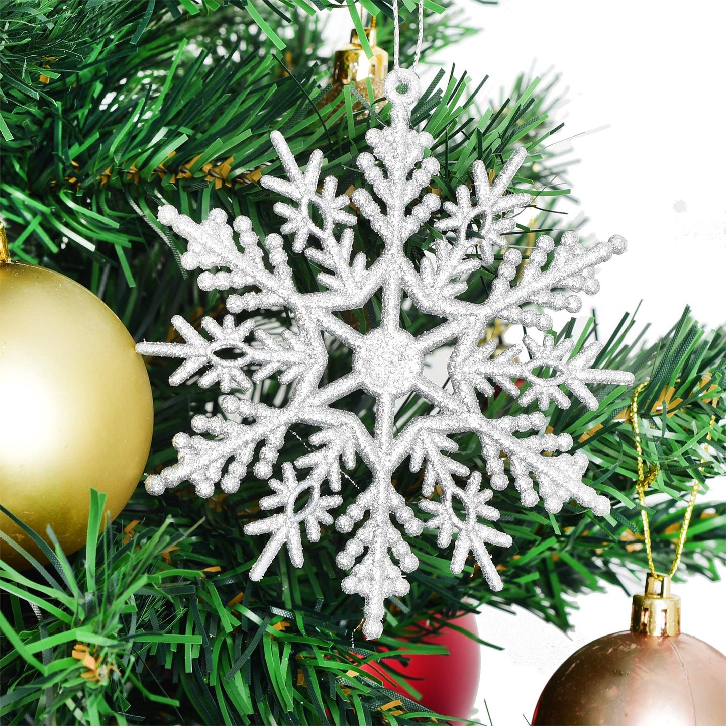 DearHouse 36Pcs Christmas Glitter Snowflake Ornaments Clearance, 4 Inch Plastic Snowflake Christmas Tree Ornaments for Winter Wonderland Christmas Party Decorations, Silver